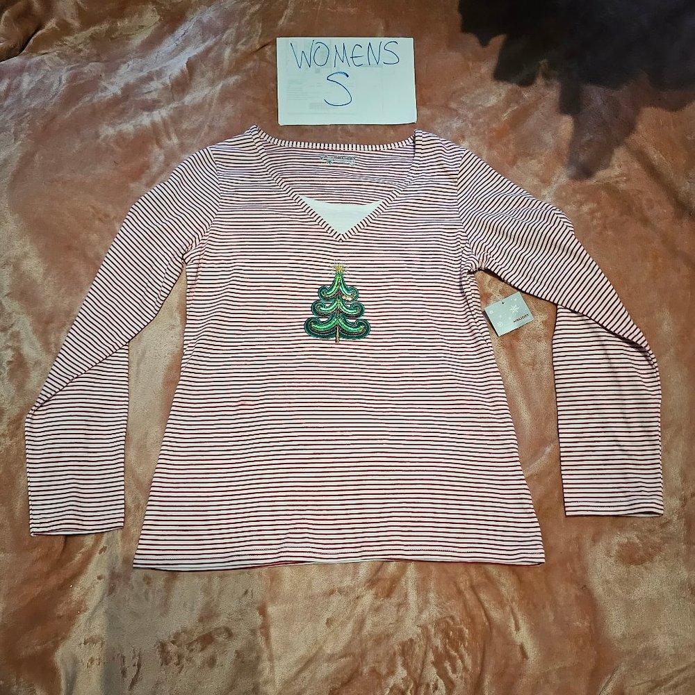 Womens S Holiday Editions Sequined Tree Mock Layer Long Sleeve Graphic Tee NWD